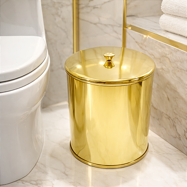 Lixeira Margarida Redonda Dourada em Aço Inox com Tampa Pino
