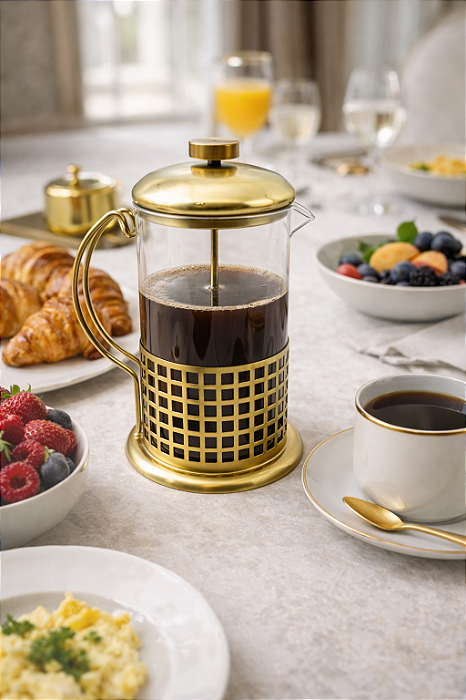 Cafeteira Prensa Francesa Melly Dourada em Vidro e Aço Inox