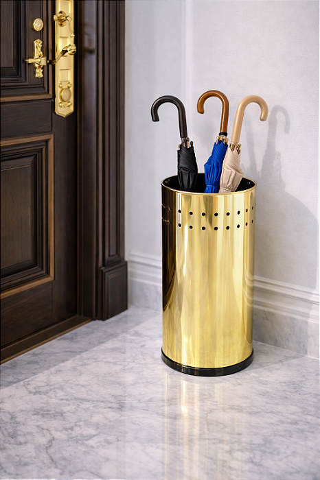 Porta Guarda-Chuva Memphis Redondo Dourado em Aço Inox e Plástico