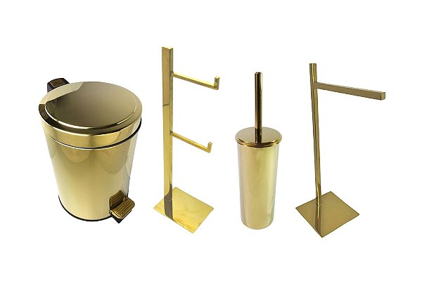 Kit para Banheiro Fineza - Lixeira Dourada com pedal + Escova sanitária + Porta papel + Toalheira