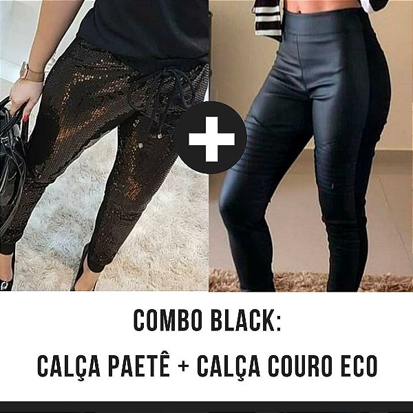 calça de couro na frente e tecido atras