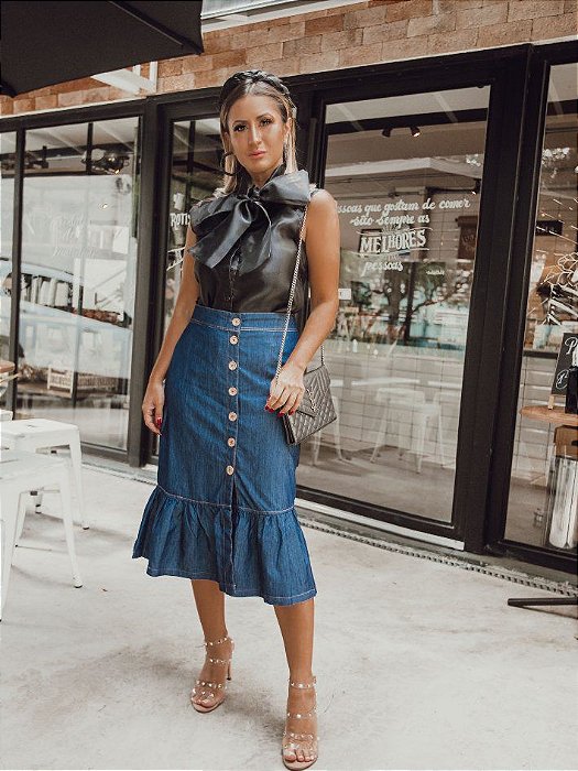 saia jeans midi com babado
