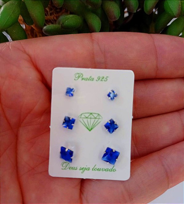 Trio De Brincos Quadrado Azul – Joia em Prata 925 de Qualidade