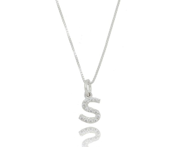 Colar De Prata Letra S Cravejado De Zircônias Cristais – Joia em Prata 925 de Qualidade