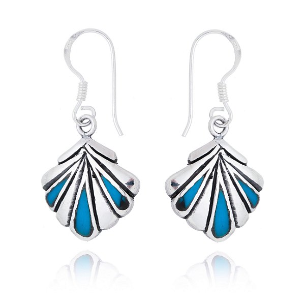 Brinco De Prata Concha Detalhes Turquesa Azul – Joia em Prata 925 de Qualidade