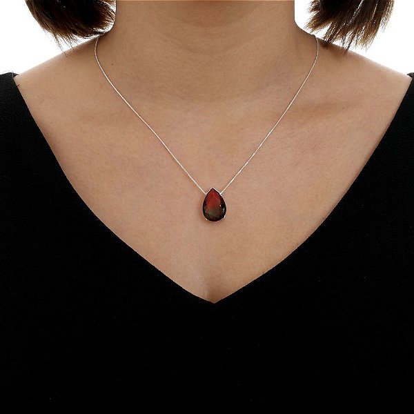 Colar De Prata Gota Bicolor Verde E Vermelha – Joia em Prata 925 de Qualidade