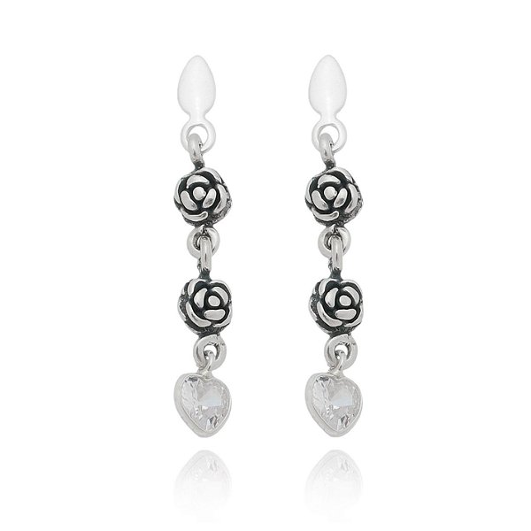 Brinco De Prata Rosinha E Ponto De Luz Coração – Joia em Prata 925 de Qualidade