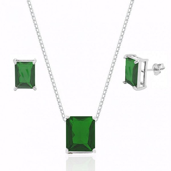 CONJUNTO DE PRATA RETANGULAR PEDRA VERDE