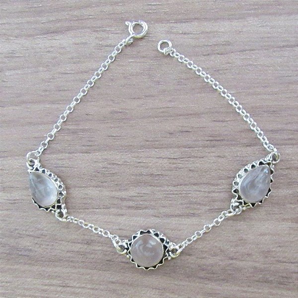 Pulseira De Prata Gotas E Meia Bola Quartzo Rosa – Joia em Prata 925 de Qualidade