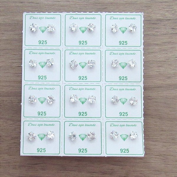 KIT COM 12 BRINCOS DE PRATA ZIRCONIA QUADRADA 4MM