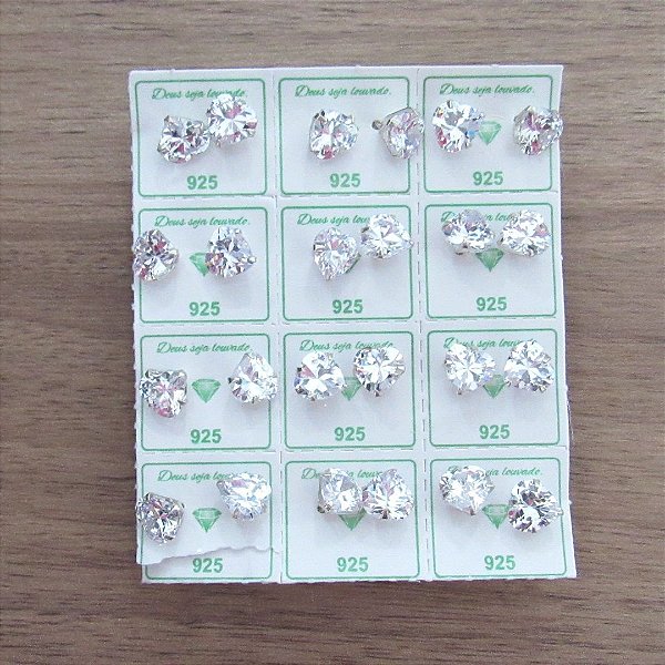 KIT COM 12 BRINCOS DE PRATA ZIRCONIA CORAÇÃO 8MM