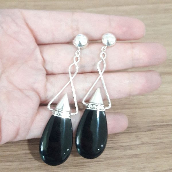 Brinco De Prata Pedra Onix Gota Grande – Joia em Prata 925 de Qualidade