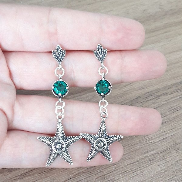Brinco De Prata Estrela Do Mar Com Zirconia Turmalina – Joia em Prata 925 de Qualidade