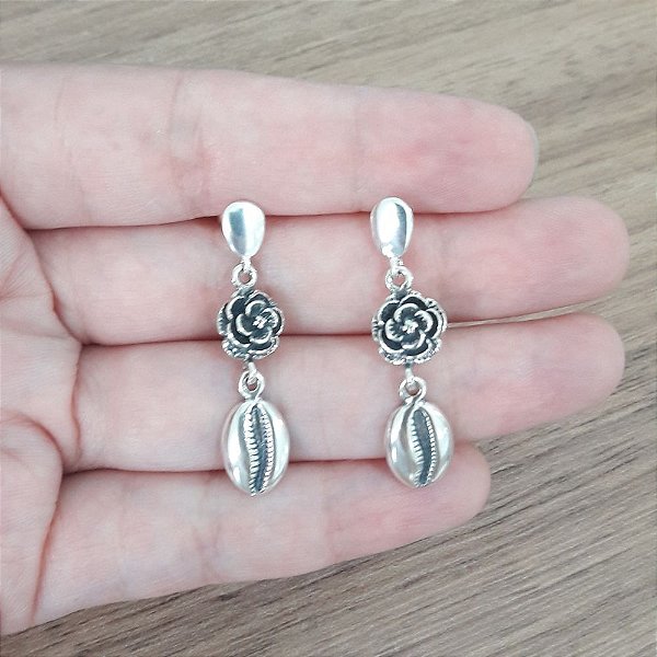 Brinco De Prata Rosa E Buzio – Joia em Prata 925 de Qualidade