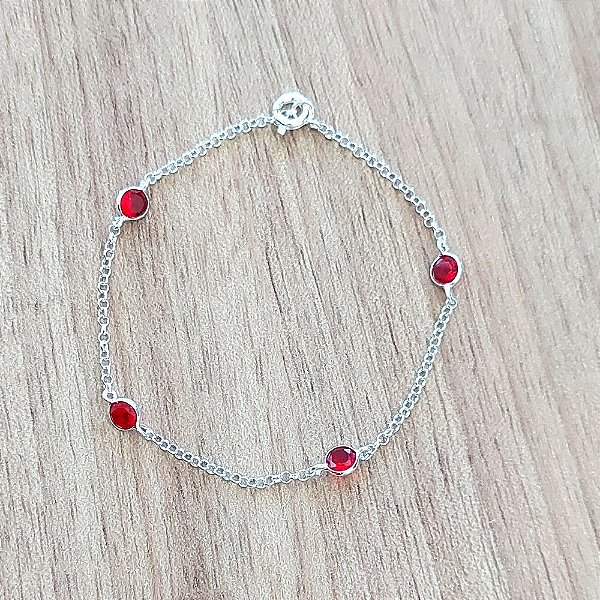 Pulseira De Prata Com Pedra Circular Vermelha – Joia em Prata 925 de Qualidade