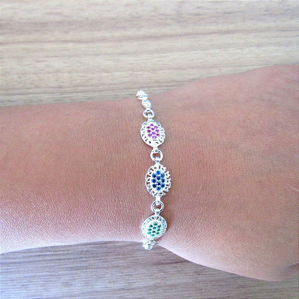 Pulseira De Prata Zircônia Rubi, Esmeralda E Safira – Joia em Prata 925 de Qualidade