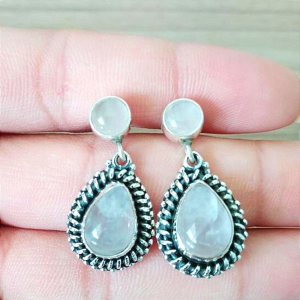 Brinco De Prata Gota Costura Quartzo Rosa – Joia em Prata 925 de Qualidade