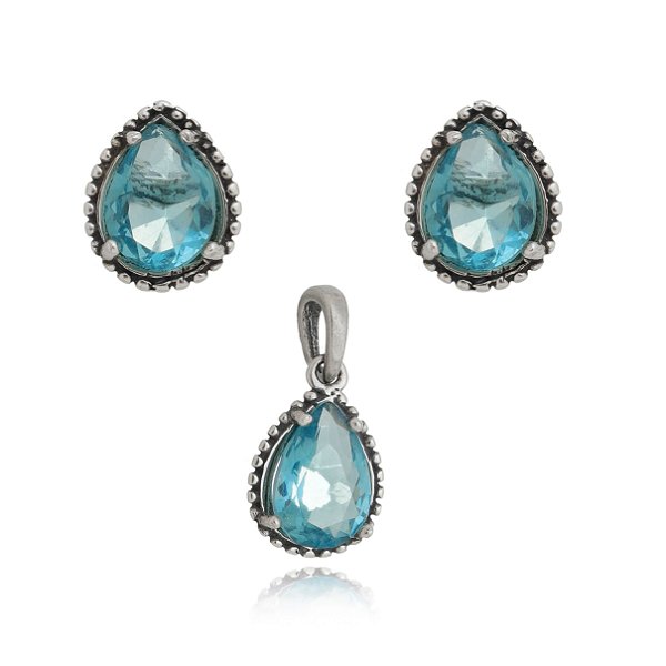 Conjunto De Prata Gota Zircônia Azul – Joia em Prata 925 de Qualidade