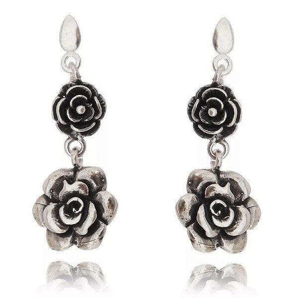 Brinco De Prata Bali Rosa Aberta E Rosinha – Joia em Prata 925 de Qualidade