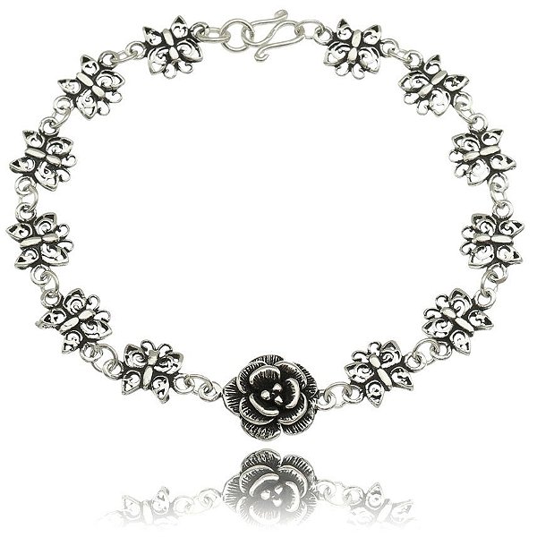 Pulseira De Prata Flor E Borboletas – Joia em Prata 925 de Qualidade