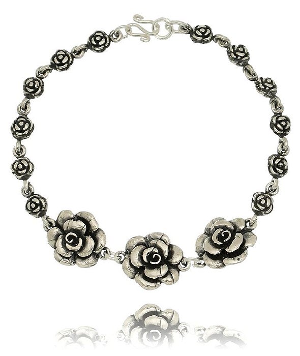 Pulseira De Prata De Bali Flores E Rosinhas – Joia em Prata 925 de Qualidade