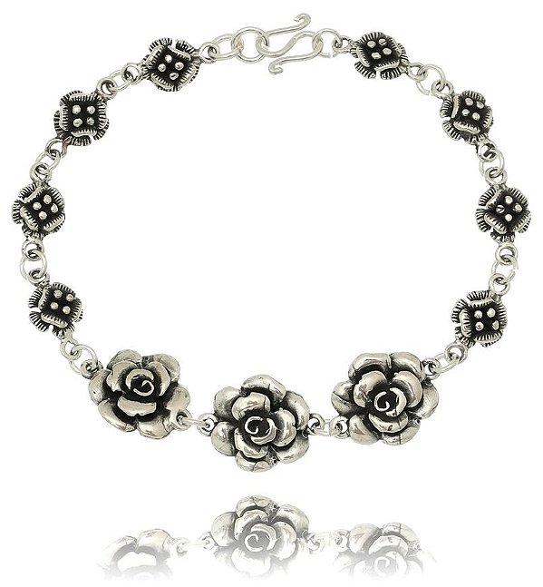 Pulseira De Prata De Bali Flores E Rosinhas Com Pólen – Joia em Prata 925 de Qualidade