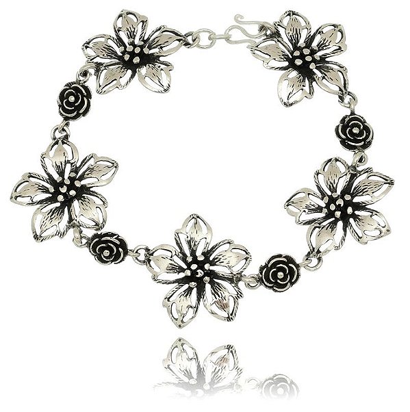 Pulseira De Prata De Bali Floral Hibisco – Joia em Prata 925 de Qualidade