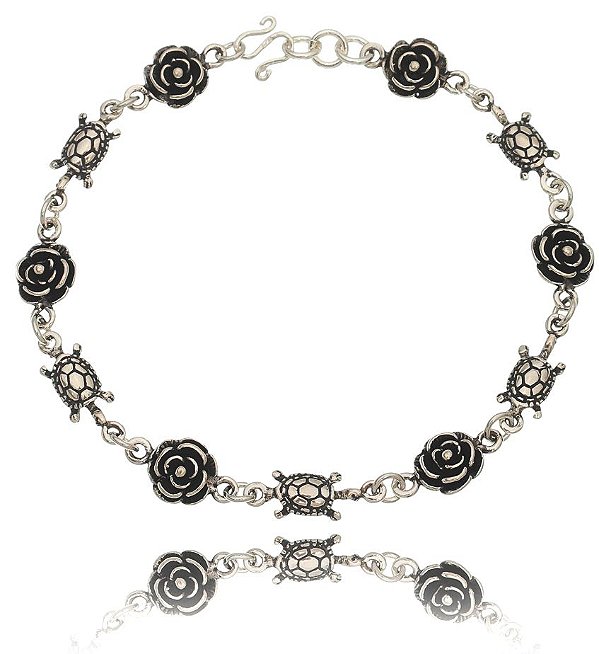 Pulseira De Prata De Bali Rosinhas E Tartarugas – Joia em Prata 925 de Qualidade