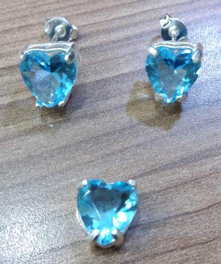 Conjunto De Prata Coração Pequeno Tons De Verde E Azul – Joia em Prata 925 de Qualidade