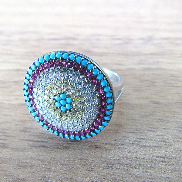 Anel De Prata Com Ouro Branco Mandala Florin Blue – Joia em Prata 925 de Qualidade