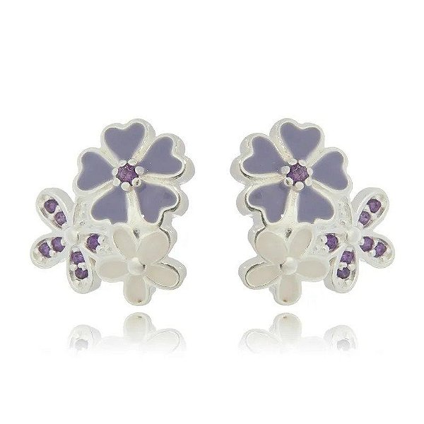 Brinco De Prata Margarida Com Zircônias Lilás – Joia em Prata 925 de Qualidade