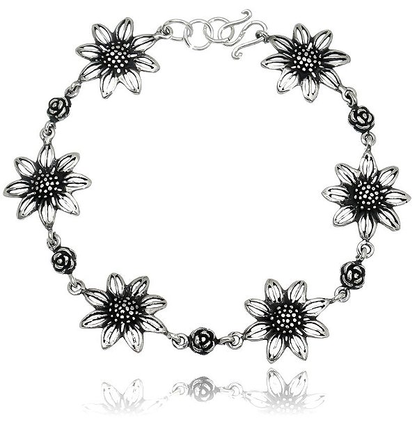 Pulseira Prata De Bali Margarida E Rosinhas – Joia em Prata 925 de Qualidade