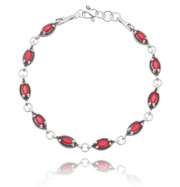 Pulseira De Prata Delicada Com Zircônias Navete Vermelhas – Joia em Prata 925 de Qualidade