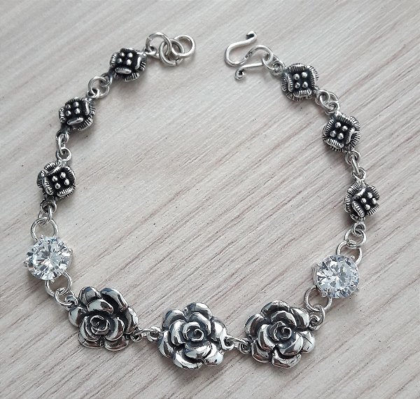 Pulseira De Prata De Bali 3 Rosas Com Zircônias – Joia em Prata 925 de Qualidade