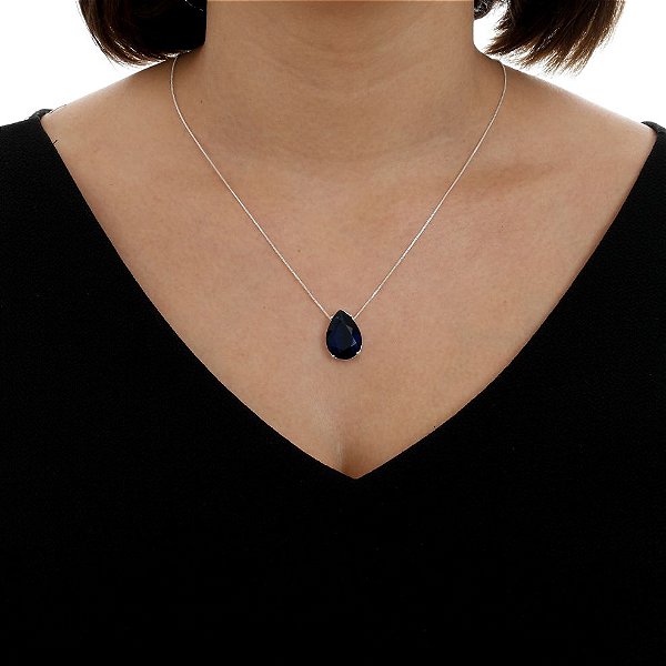 Colar De Prata Gota Pedra De Zircônia Azul Safira – Joia em Prata 925 de Qualidade