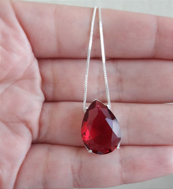 Colar De Prata Gota Pedra De Zircônia Vermelha – Joia em Prata 925 de Qualidade