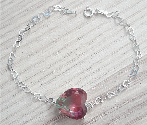 Pulseira De Prata Coração Bicolor Rosa Pink Com Verde – Joia em Prata 925 de Qualidade