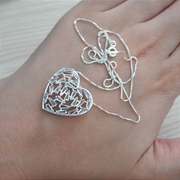 Colar De Prata Coração Zircônia Baguete Lilás – Joia em Prata 925 de Qualidade