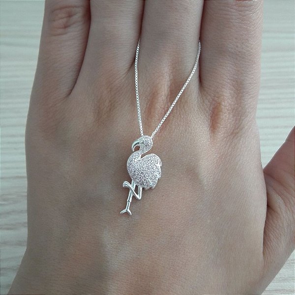 Colar De Prata Flamingo Com Micro Zircônia Rosa – Joia em Prata 925 de Qualidade
