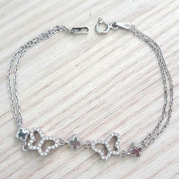 Pulseira De Prata Borboletas Com Micro Zircônias – Joia em Prata 925 de Qualidade