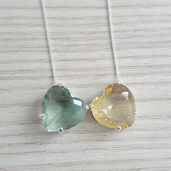 Colar De Prata Coração Verde Peridot E Amarelo Citrino – Joia em Prata 925 de Qualidade