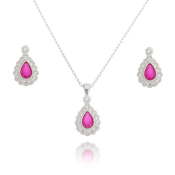 Conjunto De Prata Gota Vermelho Rubi – Joia em Prata 925 de Qualidade