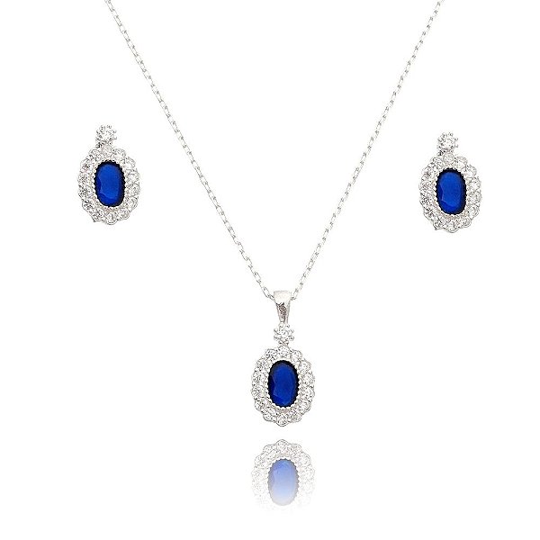 Conjunto De Prata Oval Azul Safira – Joia em Prata 925 de Qualidade