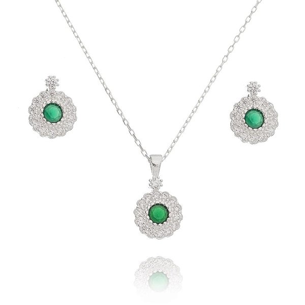 Conjunto De Prata Redondo Verde Esmeralda – Joia em Prata 925 de Qualidade