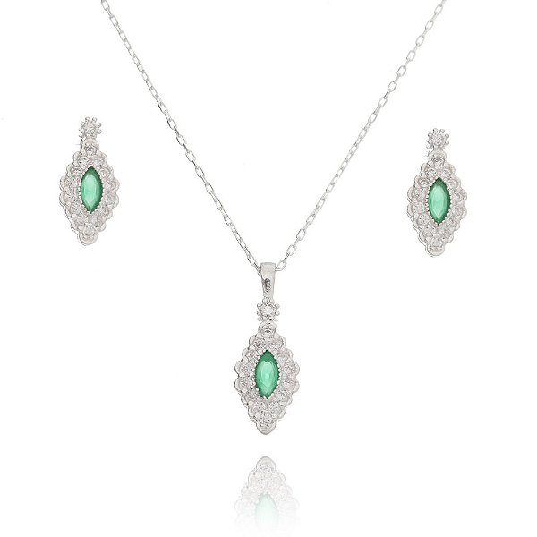 Conjunto De Prata Losango Verde Esmeralda – Joia em Prata 925 de Qualidade