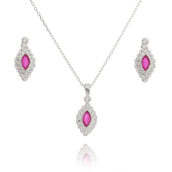 Conjunto De Prata Losango Vermelho Rubi – Joia em Prata 925 de Qualidade