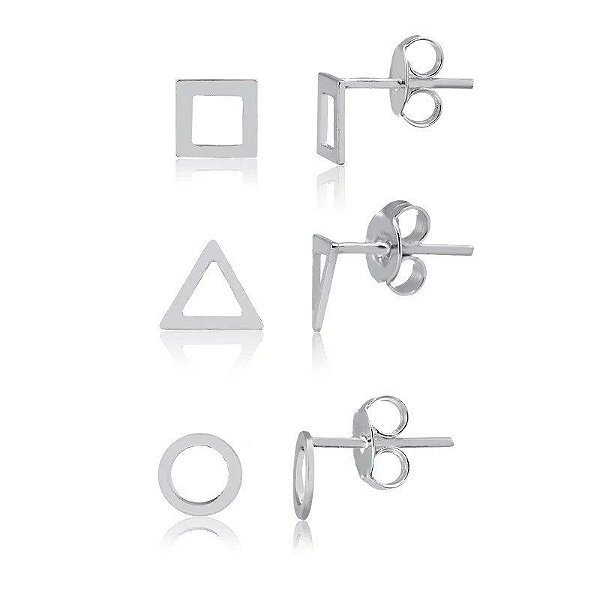 Trio De Brincos De Prata Geométricos – Joia em Prata 925 de Qualidade