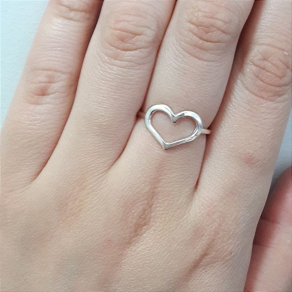 Anel De Prata Clara Coração Vazado – Joia em Prata 925 de Qualidade