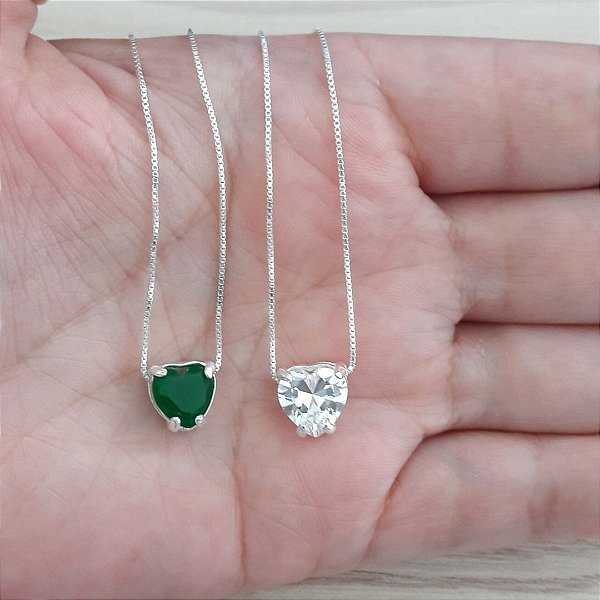 Colar De Prata Coração Delicado Zircônia Cristal E Verde Esmeralda Leitoso – Joia em Prata 925 de Qualidade
