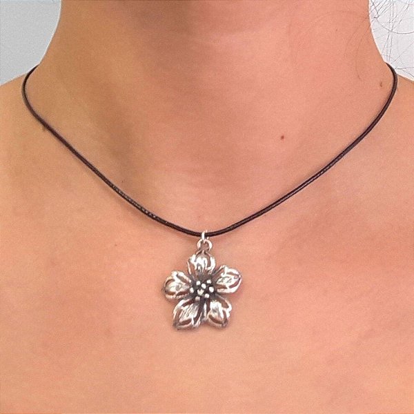 Choker De Prata E Courinho Com Flor De Hibisco 40Cm – Joia em Prata 925 de Qualidade